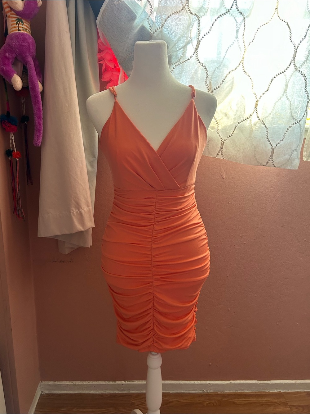 Ruched V-Neck Mini Dress in Coral
